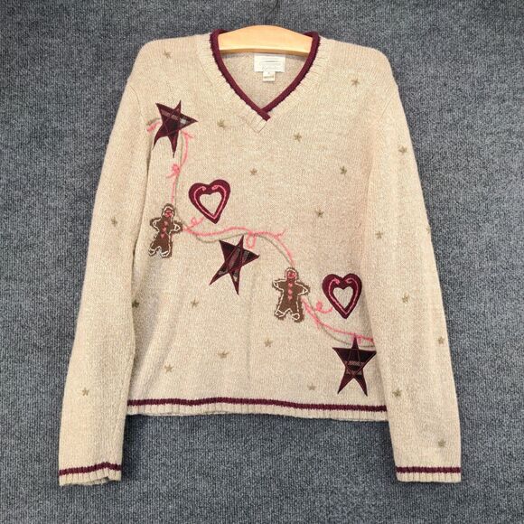 Christopher & Banks Hand Embroidered Sweater Womens Size M Tan Wool Blend - Picture 2 of 12